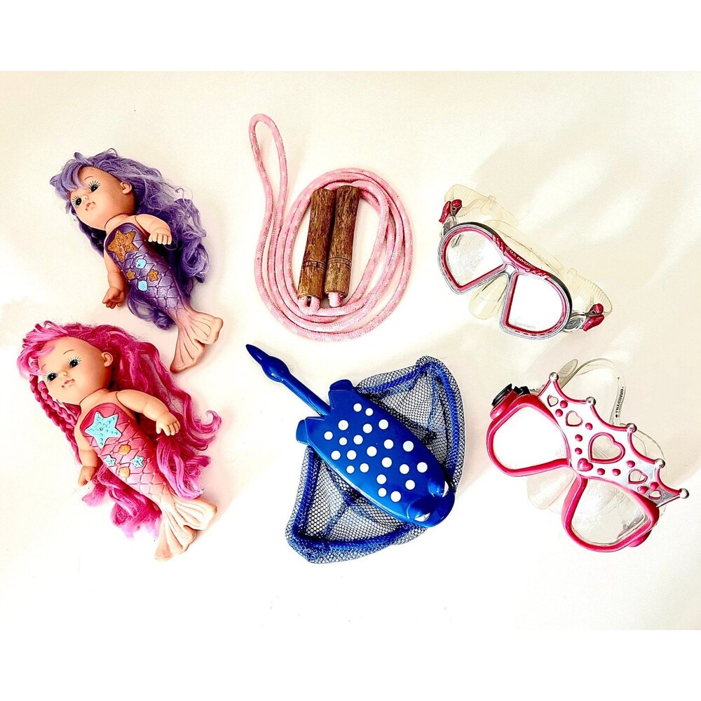 2 Mermaid Dolls Swimming Bath Toy Bundle Lot Jump Rope Mermaids Swimming Masks